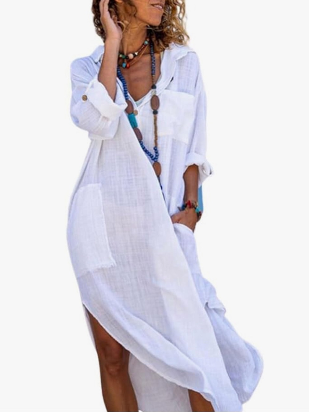 White Cotton-Linen Button-Down Dress, Perfect for the Beach